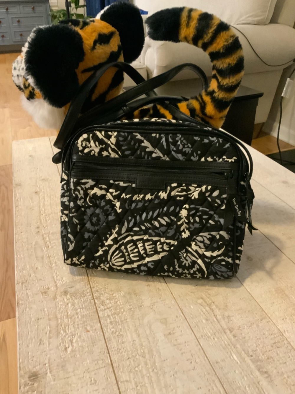Vera Bradley Black & White Quilted Crossbody Bag with Floral Motif